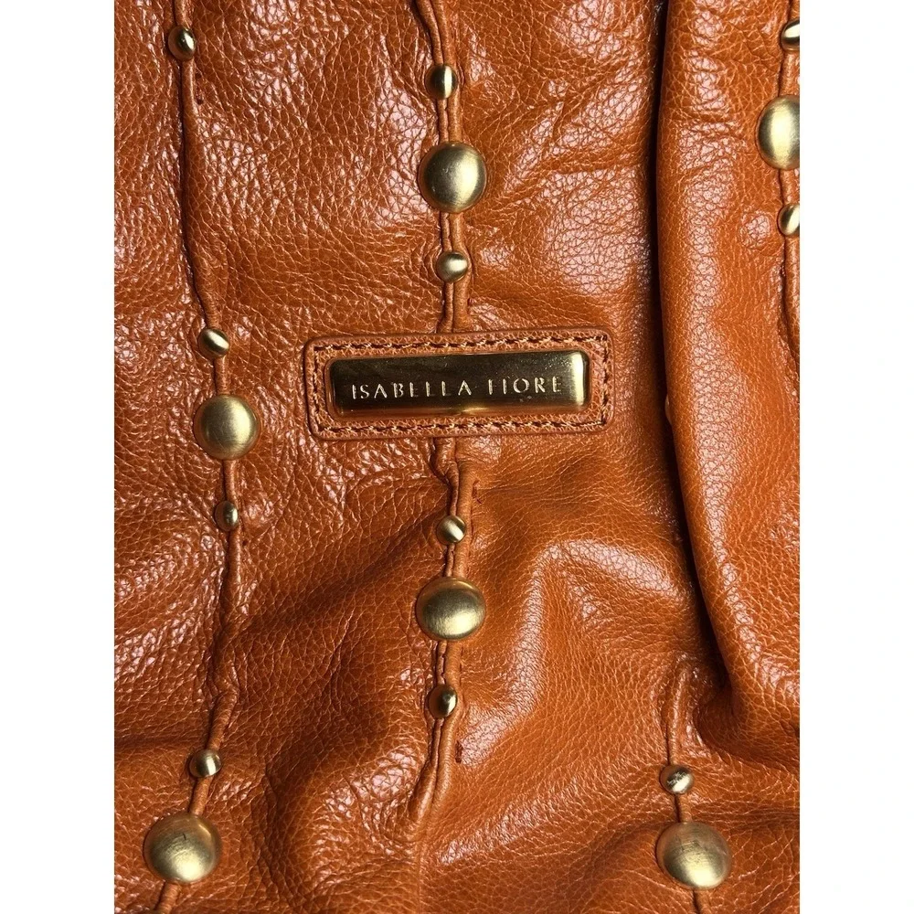 Isabella Fiore Cognac Studded Slouch Hobo Shoulder Bag Tassel Boho Y2K Large